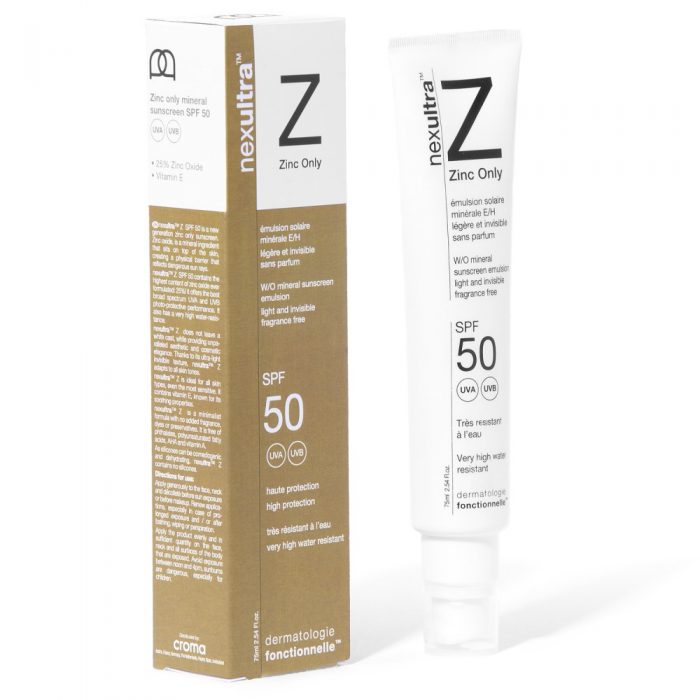 Universkin Nexultra Z zonnebrandcrème met zinkoxide voor de gevoelige en de acnegevoelige huid_box